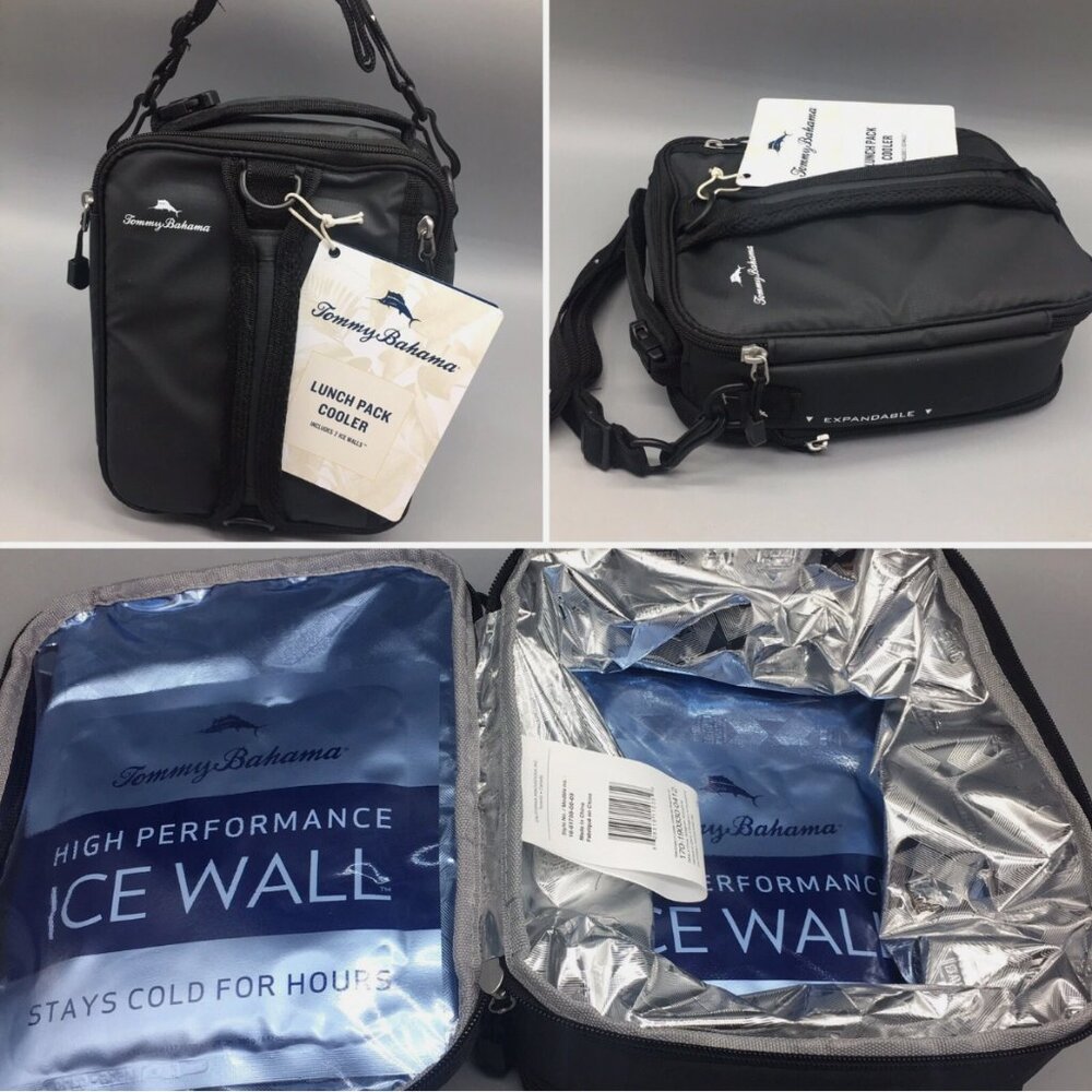 Tommy Bahama Expandable BLACK Lunch Bag Cooler 2 Ice Packs School Work NEW
